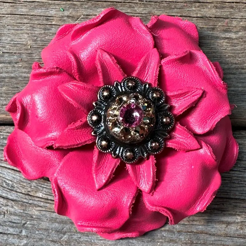 Bright Pink Gardenia Leather Flowers - 1" Crystal Conchos - Options 4
