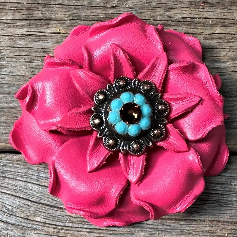 Bright Pink Gardenia Leather Flowers - 1" Crystal Conchos - Options 5