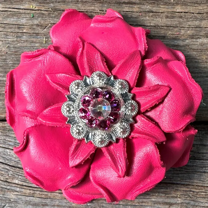 Bright Pink Gardenia Leather Flowers - 1" Crystal Conchos - Options 6