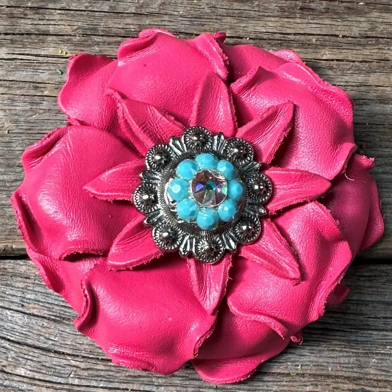 Bright Pink Gardenia Leather Flowers - 1" Crystal Conchos - Options 6