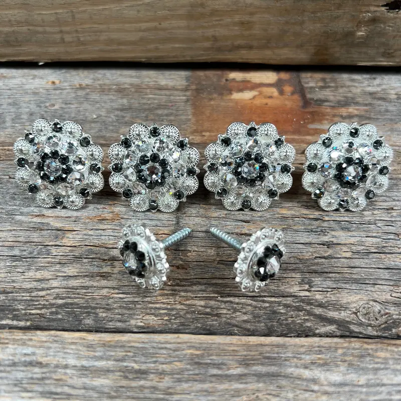 Bright Silver Black & Clear Saddle Conchos 1