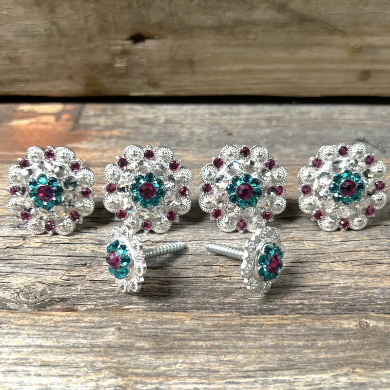Bright Silver Fuchsia Teal & Clear Saddle Conchos 1