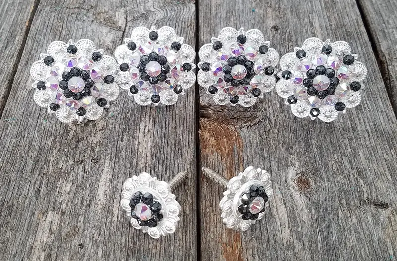 Bright Silver Jet & Ab Saddle Conchos 1