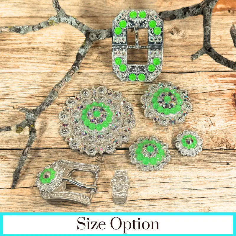 Bright Silver Neon Green - Ab Crystal Conchos - Sizes From 1"- 3" And Buckles 1