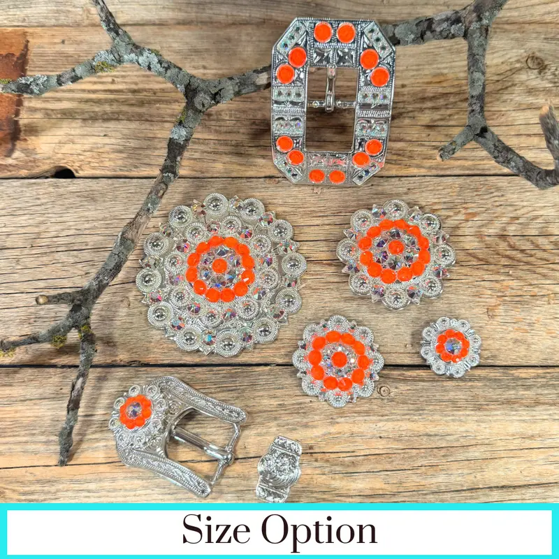 Bright Silver Neon Orange - Ab Crystal Conchos - Sizes From 1"- 3" And Buckles 1