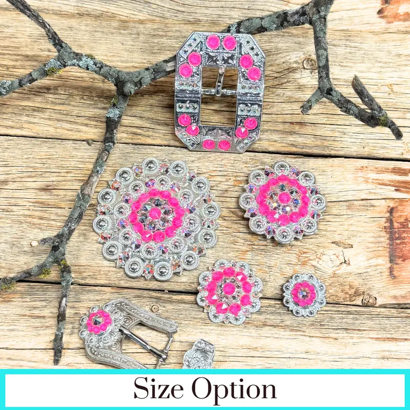 Bright Silver Neon Pink - Ab Crystal Conchos - Sizes From 1"- 3" And Buckles 1