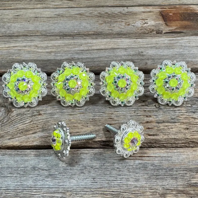 Bright Silver Neon Yellow & Ab Saddle Conchos 1