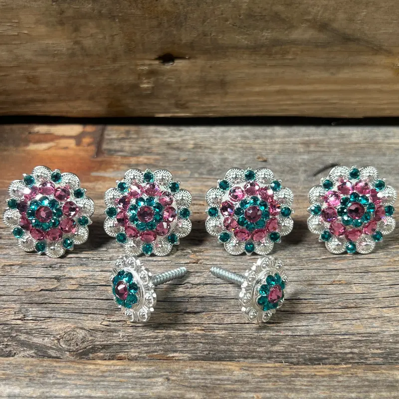 Bright Silver Pink & Teal Saddle Conchos 1