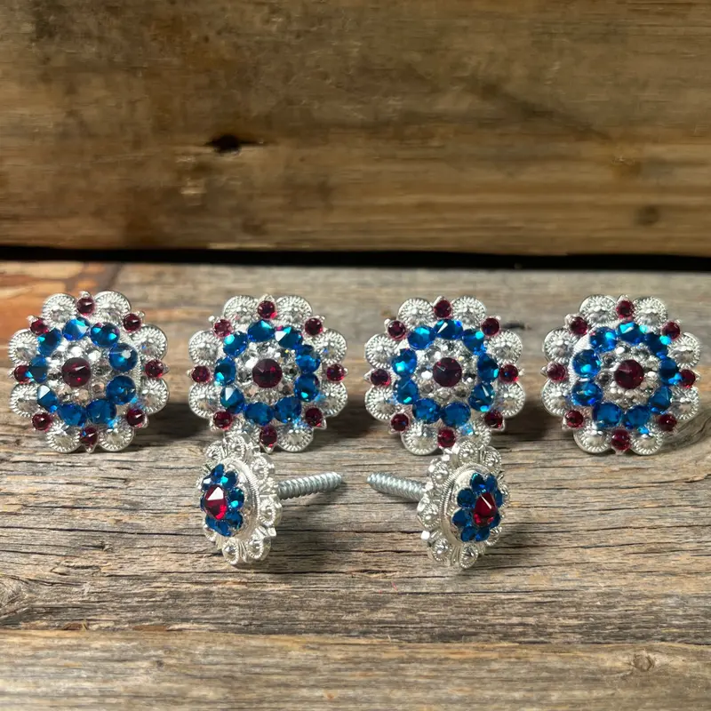 Bright Silver Red, White & Blue Saddle Conchos 1