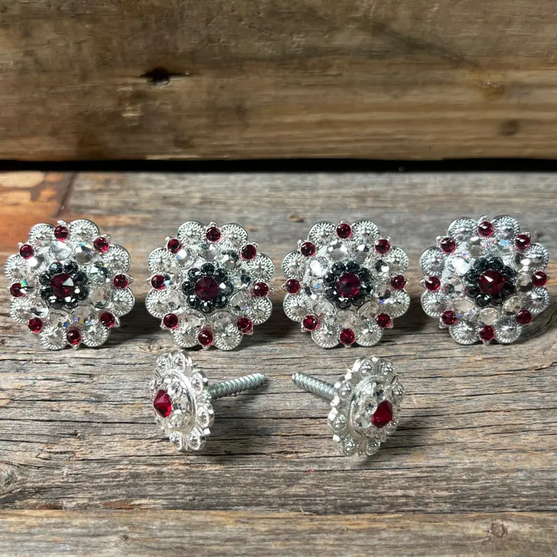 Bright Silver Ruby Jet & Clear Saddle Conchos 1