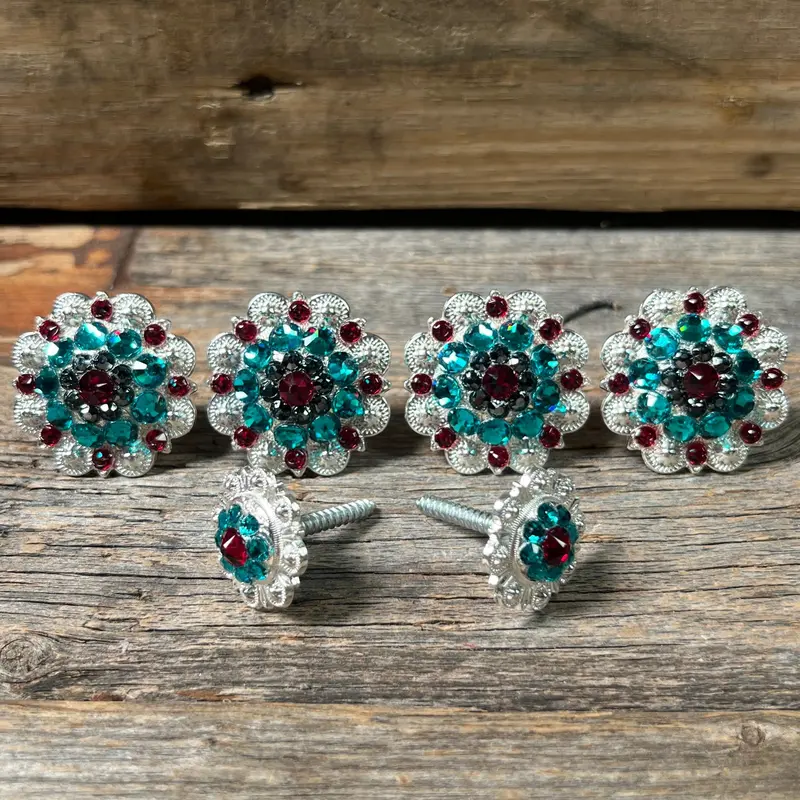 Bright Silver Ruby Jet & Teal Saddle Conchos 1