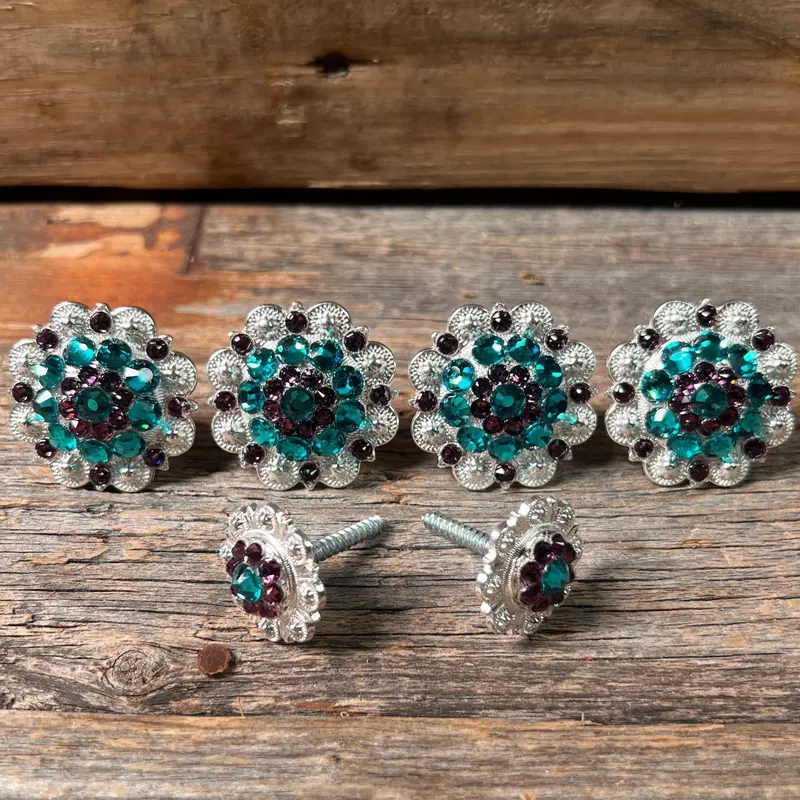 Bright Silver Teal & Amethyst Saddle Conchos 1