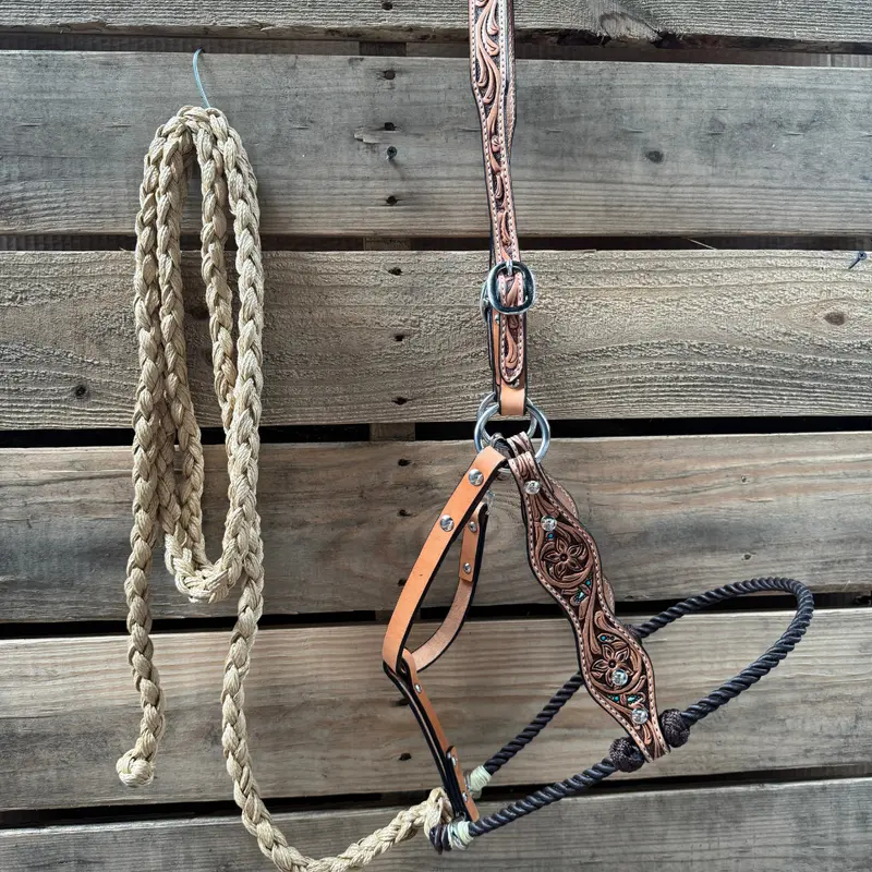 Brown Floral Tooled Lariat & Leather Combo Halter 1