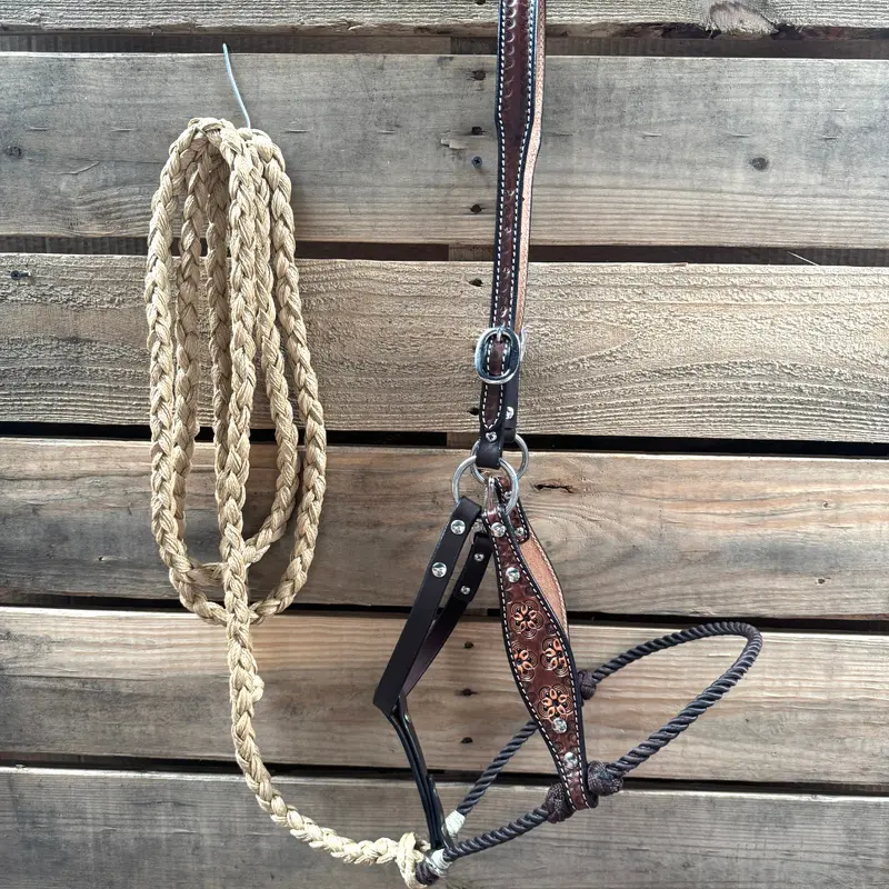 Brown Flower Power Tooled Lariat & Leather Combo Halter 1