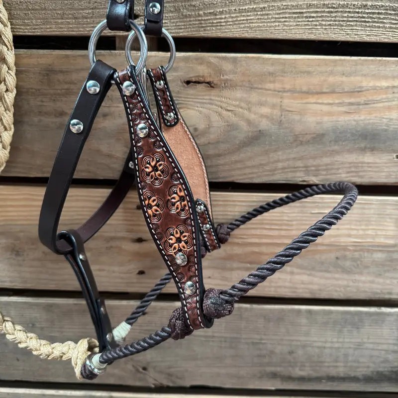Brown Flower Power Tooled Lariat & Leather Combo Halter 2