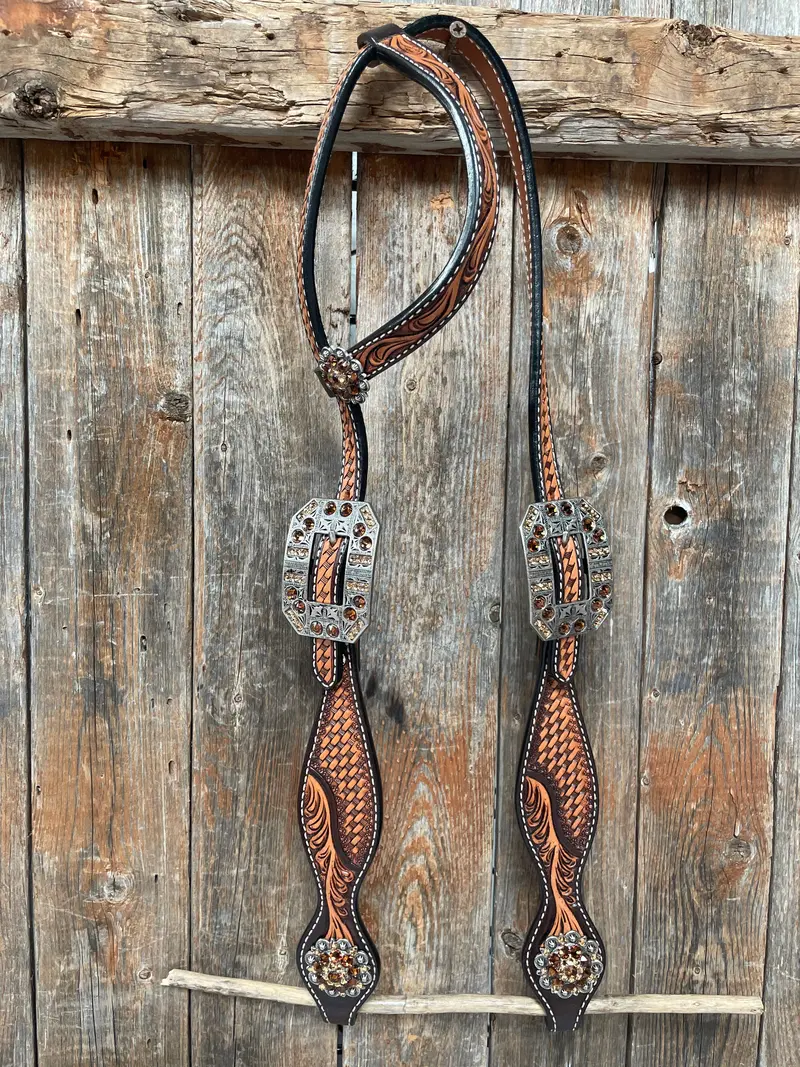 Brown Leaf Scalloped Champagne An Topaz One Ear Headstall #Oe105 1