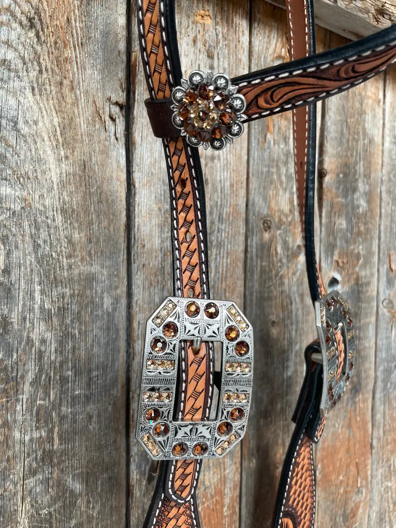 Brown Leaf Scalloped Champagne An Topaz One Ear Headstall #Oe105 2