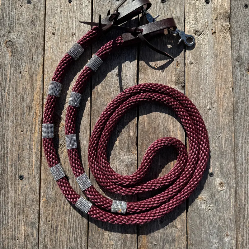 Burgundy Nylon Barrel Racing Reins With Rhinestones #Bnr107 1