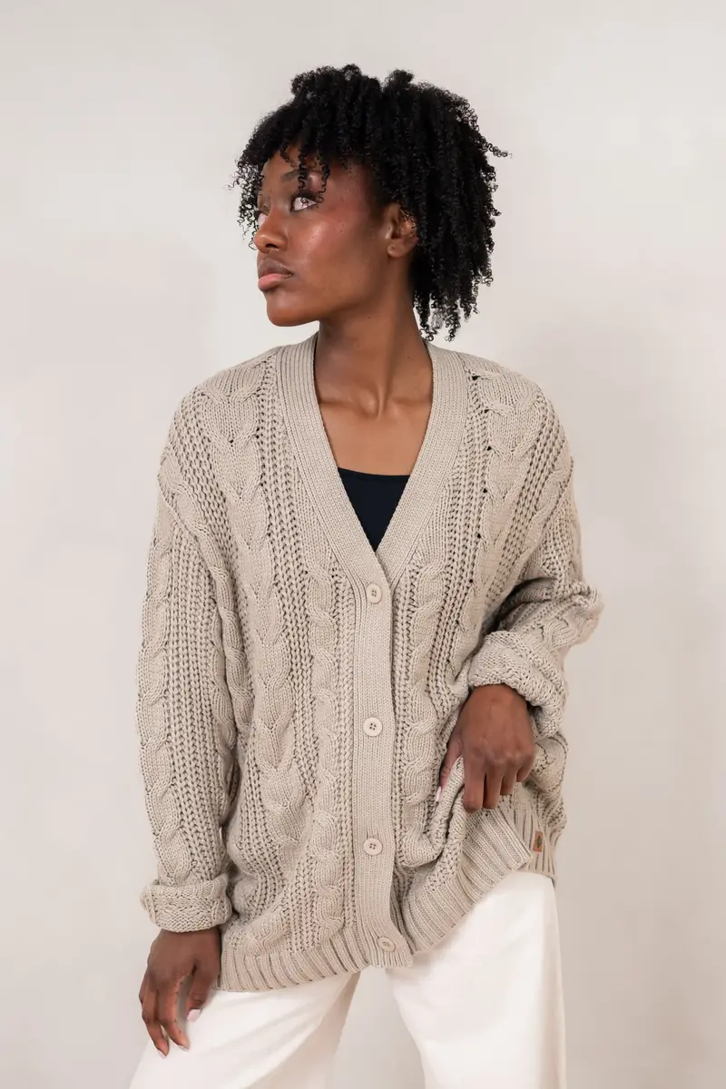 Cable Knit Adult Cardigan In Almond 1
