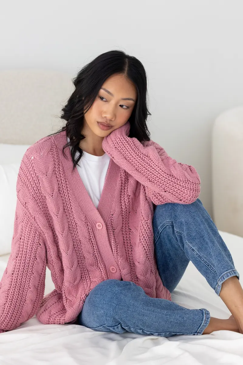 Cable Knit Adult Cardigan In Apple Blossom 1