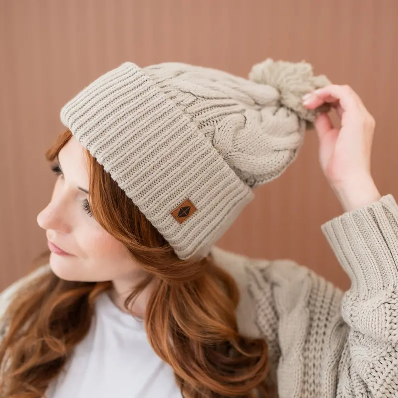 Cable Knit Adult Pom Beanie In Almond 1