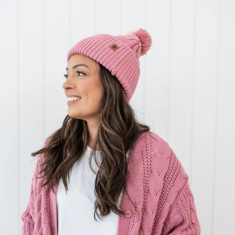 Cable Knit Adult Pom Beanie In Apple Blossom 1