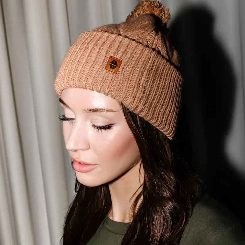 Cable Knit Adult Pom Beanie In Latte 1