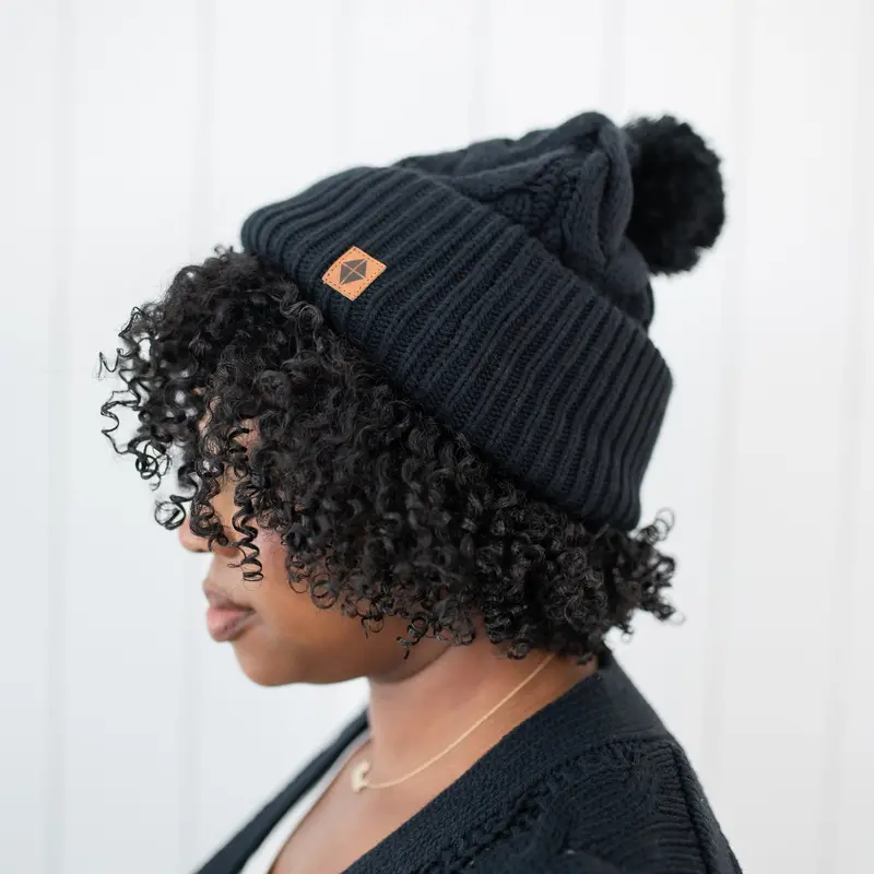 Cable Knit Adult Pom Beanie In Midnight 1