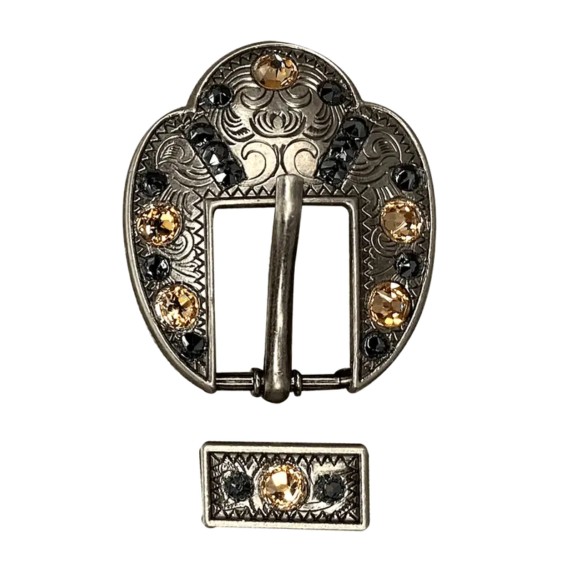 Champagne & Jet Antique Silver European Crystal Fancy Buckle 1