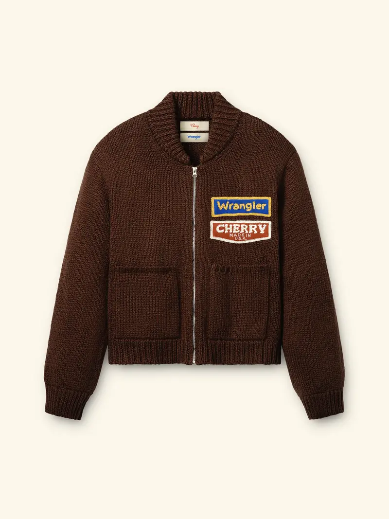 Cherry X Wrangler Cotton Frise Knit Zip-Up Jacket (Brown) 1