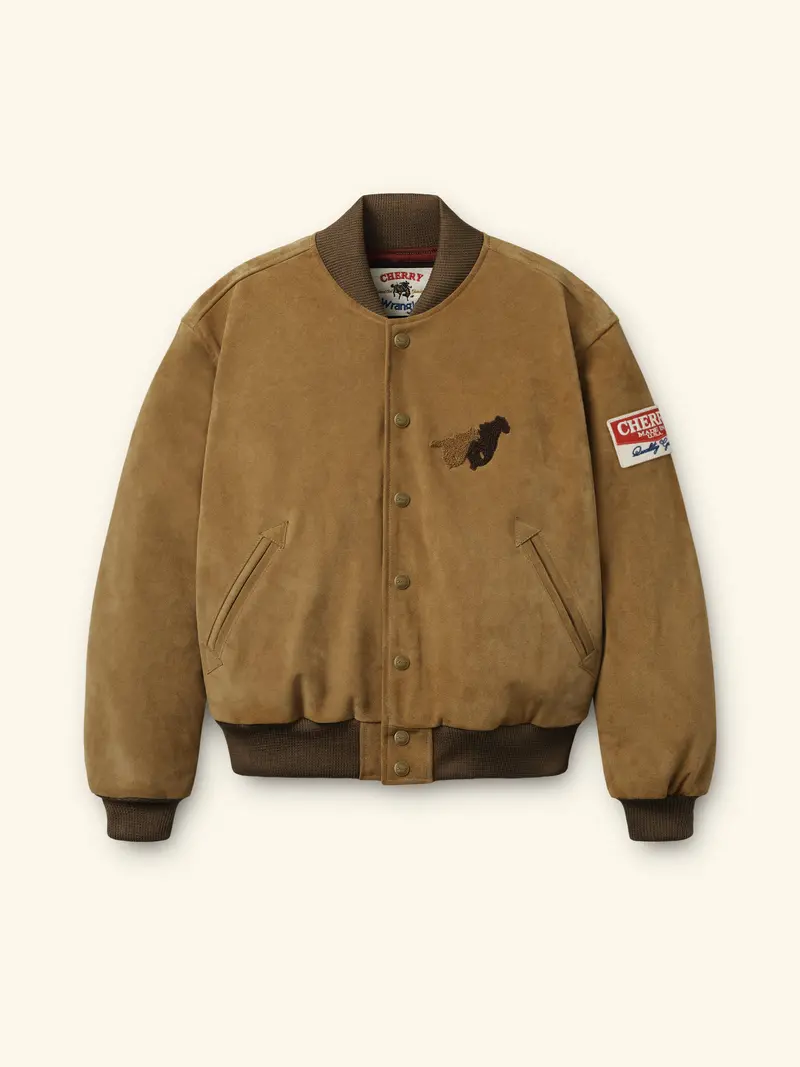 Cherry X Wrangler Suede Varsity Jacket (Tan) 1