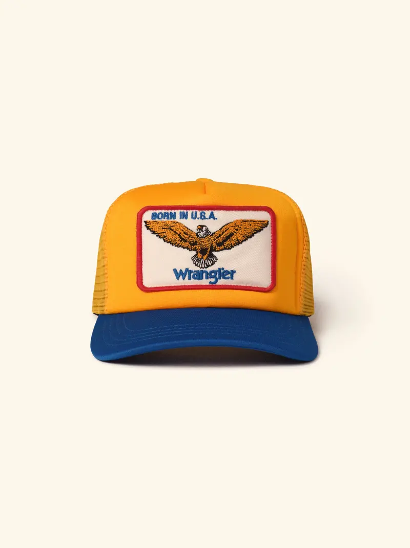 Cherry X Wrangler Trucker Hat (Yellow/Blue) 1