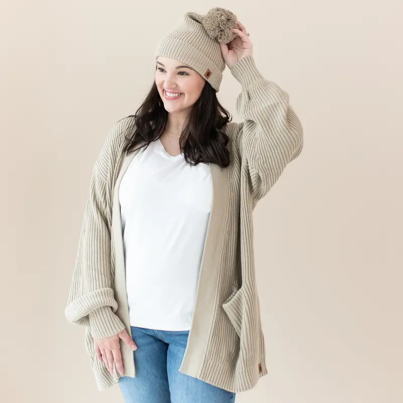 Chunky Knit Adult Pom Beanie In Almond 1