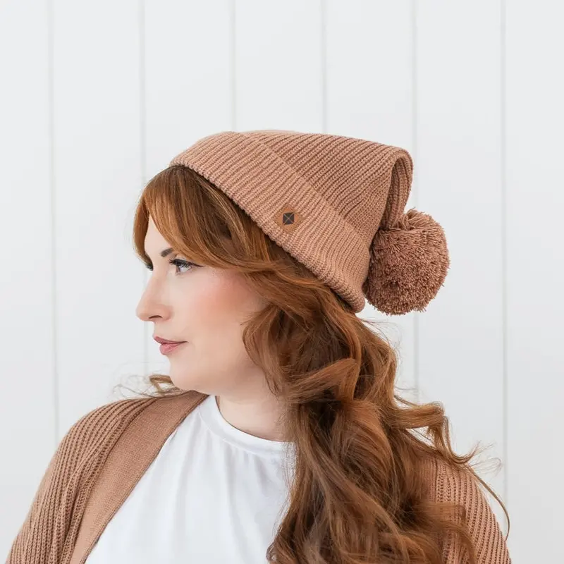 Chunky Knit Adult Pom Beanie In Latte 1