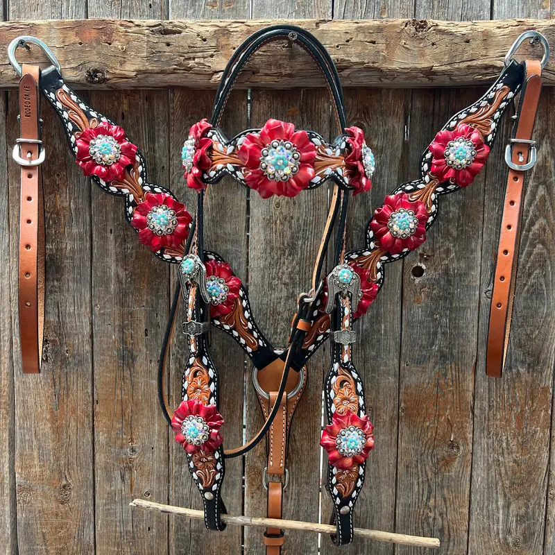 Classic Red And Turquoise Browband / One Ear Tack Set #Bbbc436 1