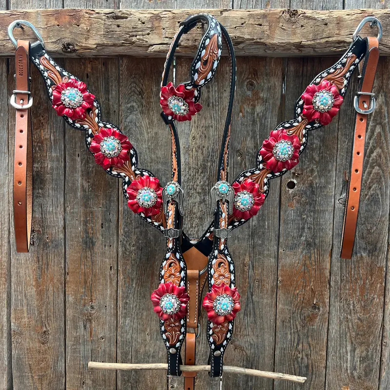 Classic Red And Turquoise Browband / One Ear Tack Set #Bbbc436 2