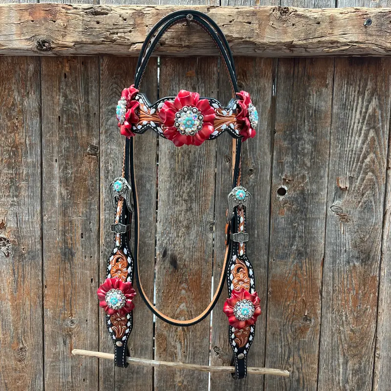Classic Red And Turquoise Browband / One Ear Tack Set #Bbbc436 3