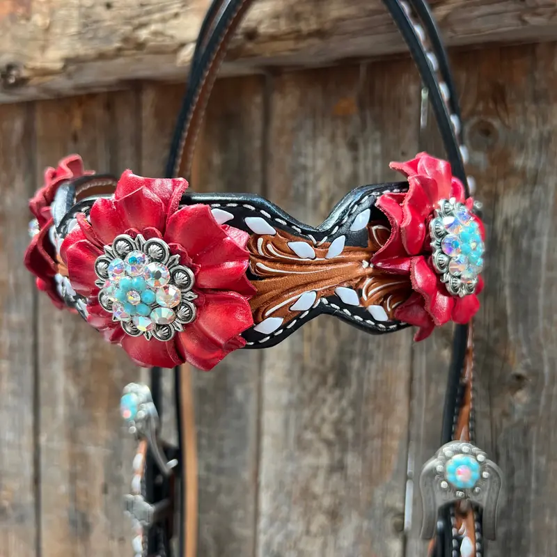 Classic Red And Turquoise Browband / One Ear Tack Set #Bbbc436 4