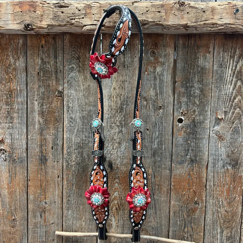 Classic Red And Turquoise Browband / One Ear Tack Set #Bbbc436 4
