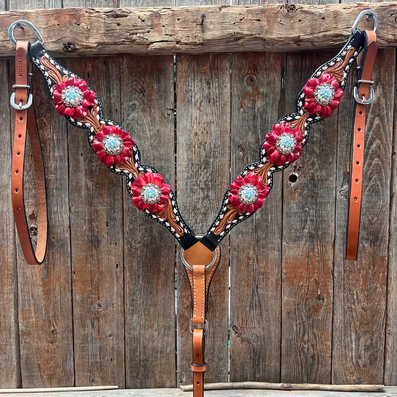 Classic Red And Turquoise Browband / One Ear Tack Set #Bbbc436 5