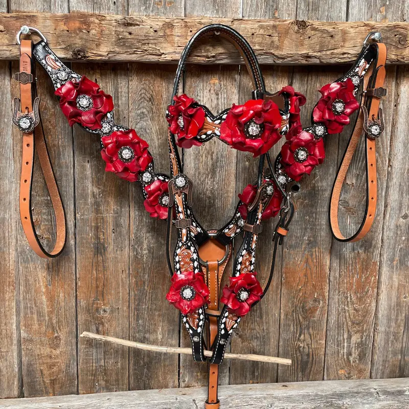 Classic Red Rose And Clear Browband/One Ear Tack Set #Oebc421 1