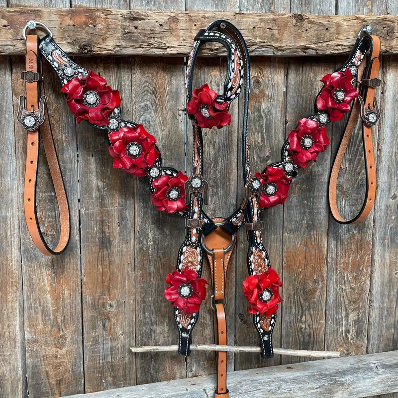 Classic Red Rose And Clear Browband/One Ear Tack Set #Oebc421 3