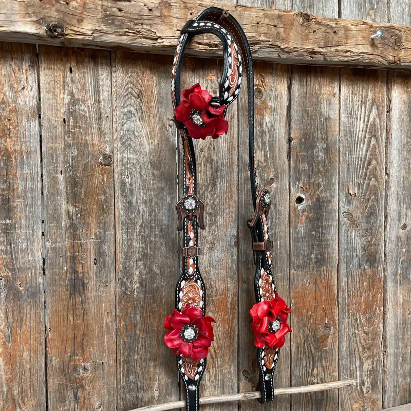 Classic Red Rose And Clear Browband/One Ear Tack Set #Oebc421 4