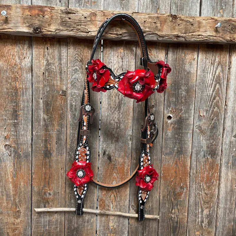 Classic Red Rose And Clear Browband/One Ear Tack Set #Oebc421 5