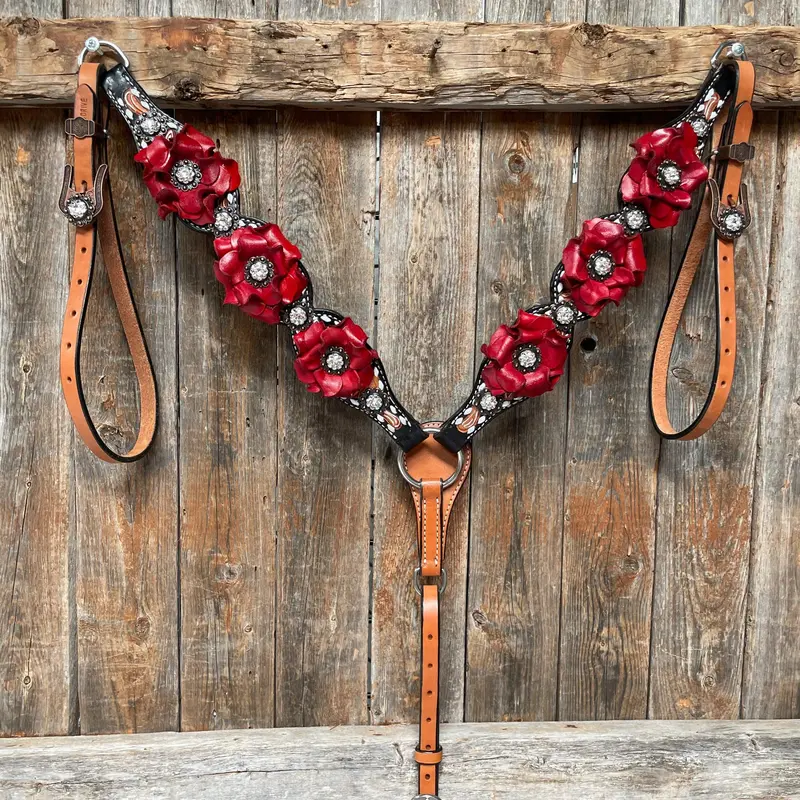 Classic Red Rose And Clear Browband/One Ear Tack Set #Oebc421 5
