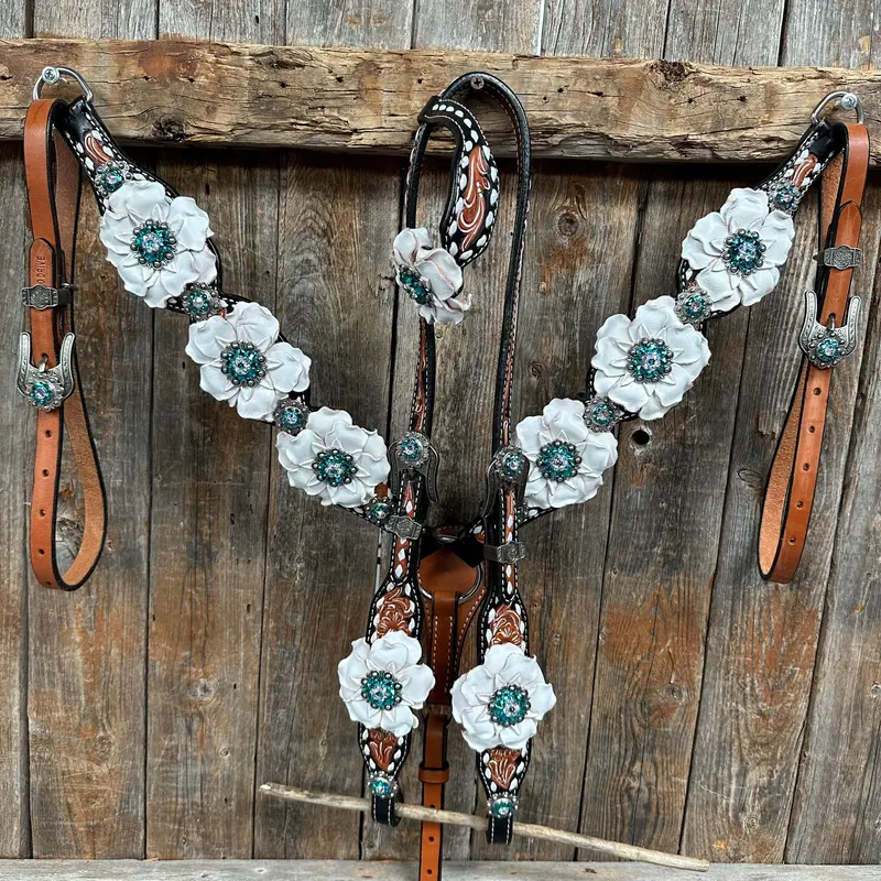 Classic Teal & White One Ear / Breastcollar Tack Set #Oebc548 1