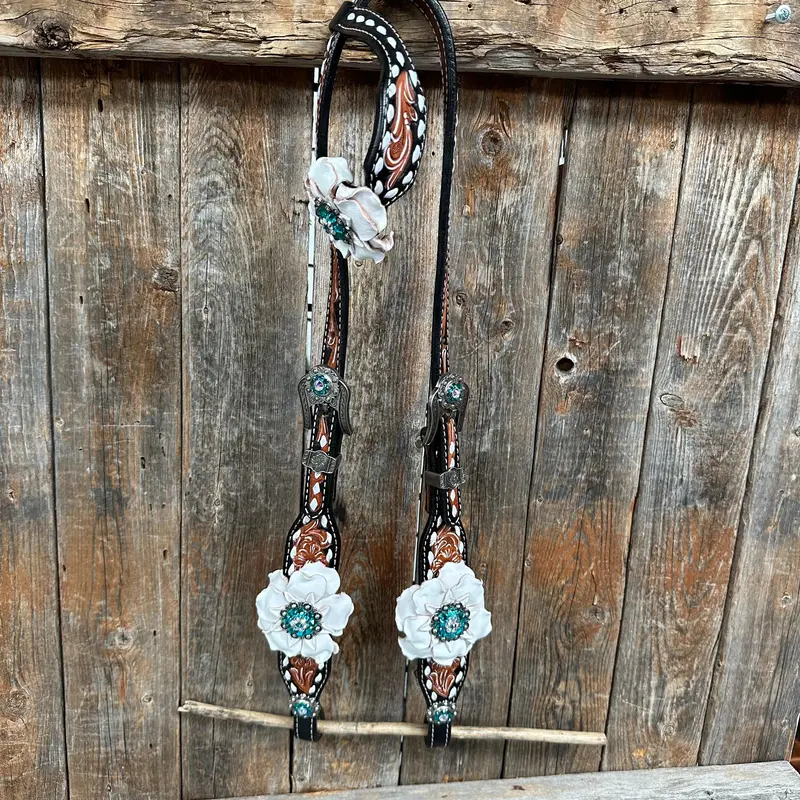 Classic Teal & White One Ear / Breastcollar Tack Set #Oebc548 2