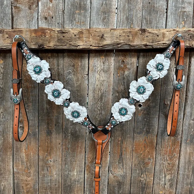 Classic Teal & White One Ear / Breastcollar Tack Set #Oebc548 3