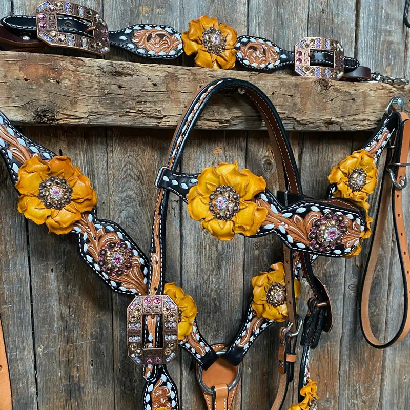 Classic Yellow And Pink Browband/One Ear Tack Set With Wither Strap  #Bbbc464 1