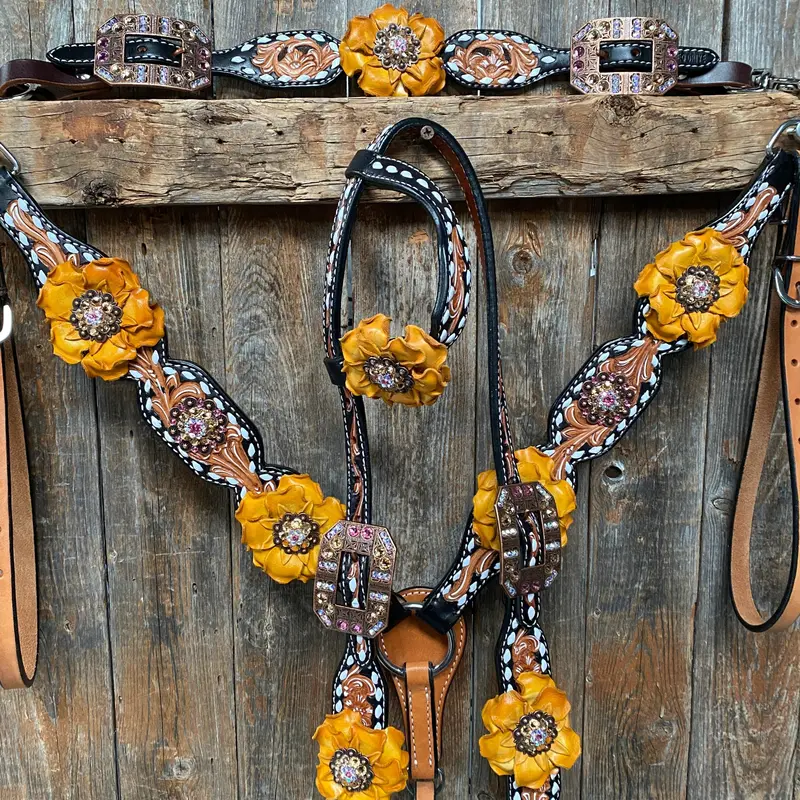 Classic Yellow And Pink Browband/One Ear Tack Set With Wither Strap #Bbbc464 2